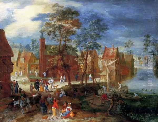 A village kermesse with a horse-drawn cart in the foreground Oil Painting by Pieter Gijsels