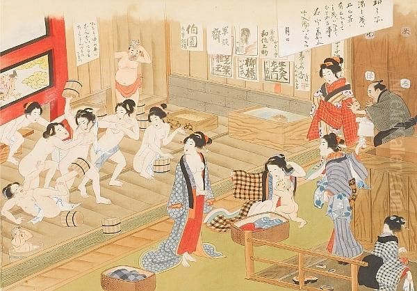 Theinterior Of A Bath-house With Women And Children Washingthemselves Oil Painting by Utagawa Yoshiiku