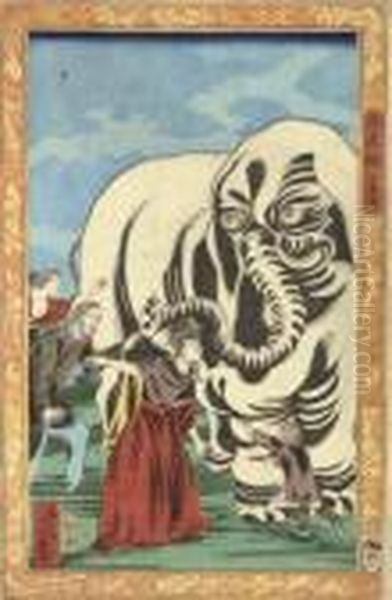 Shashinkyo Daizo Zu (picture Of A Large Elephant) Oil Painting by Utagawa Yoshiiku