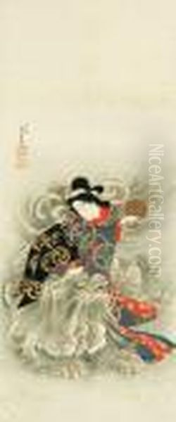 Courtesan As The Bodhisattva Manjushri (monju) Oil Painting by Utagawa Yoshiiku