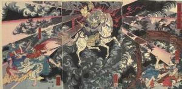 Nitta Yoshioki No Rei Okorite Shu To Mukuu (spirit Of Nitta Yoshioki Avenging His Enemy) Oil Painting by Utagawa or Ando Hiroshige