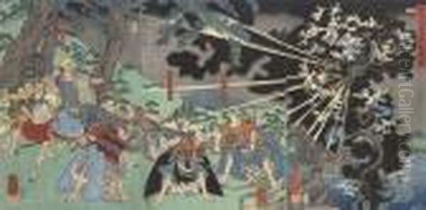 Minamoto No Mitsunaka Sumiyoshi Sanro Mojigen (apparition Of The Thunder God) Oil Painting by Utagawa or Ando Hiroshige