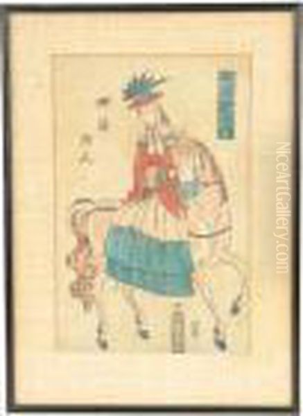 A Western Woman On Horseback. Oil Painting by Utagawa Yoshitora