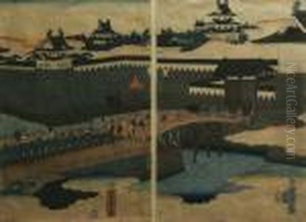 Procession Over A Castlebridge Oil Painting by Utagawa Yoshitora