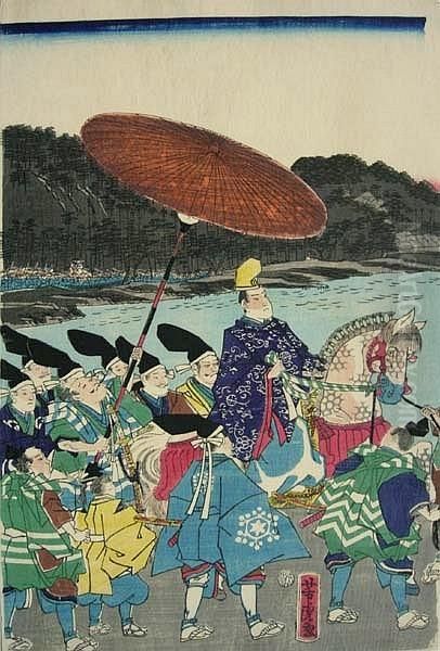 Ksiaze Na Koniu W Otoczeniu Sluzby Oil Painting by Utagawa Yoshitora