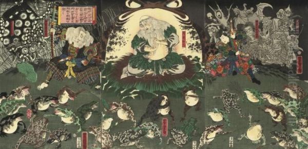 Gama Sennin In Front Of A Giant Toad Oil Painting by Utagawa Yoshitora