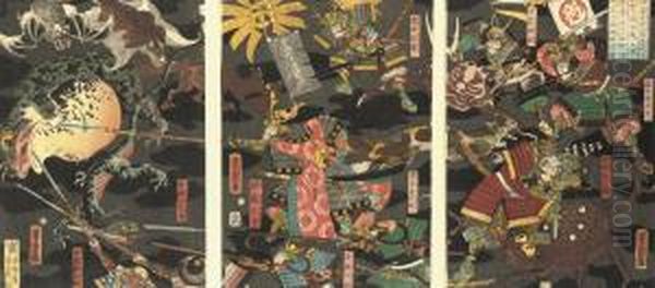 A Triptych Showing Sato Masakiyo
 In Battle With Various Animal Monsters, A Giant Toad On The Left, 
Signed Oil Painting by Utagawa Yoshitora