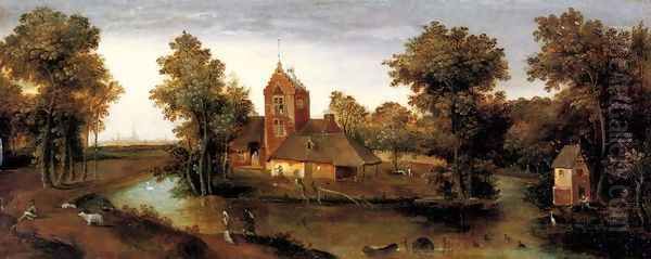 A moated tower with farmhouses Oil Painting by Abel Grimmer