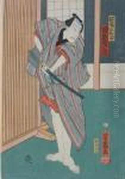 A Group Of Three Woodblock 
Prints Of Kabuki Actors, Each With Publisher's Seal Of Yamamotoya 
Heikichi Oil Painting by Utagawa Yoshitora