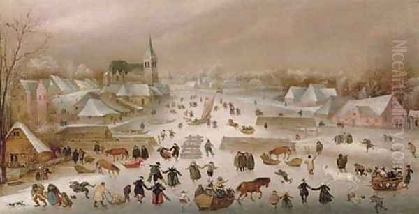 A Winter Landscape With Skaters On A Frozen River 2 Oil Painting by Abel Grimmer