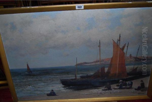 'unloading The Catch' With Figures And Fishing Boats On A Shoreline Oil Painting by Alexander Young