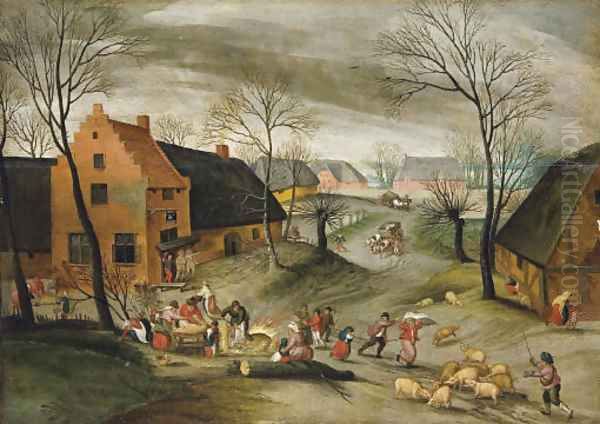 A wooded winter village landscape with peasants slaughtering pigs Oil Painting by Abel Grimmer