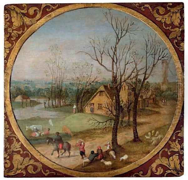 Autumn A village scene with peasants and livestock by a road, cottages and a windmill beyond, in a feigned roundel Oil Painting by Abel Grimmer