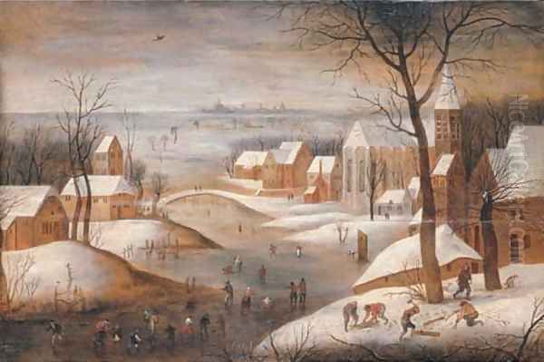 A wooded winter river landscape with a town, skaters and woodchoppers, another town beyond Oil Painting by Abel Grimmer