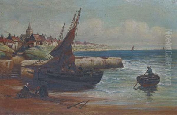 Unloading The Day's Catch On A 
Scottish Quayside; And Mending The Nets On The Scottish Coast Oil Painting by Alexander Young