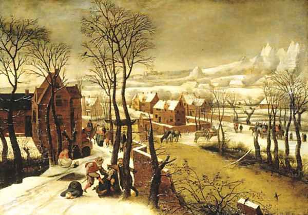 A village landscape in winter with the Massacre of the Innocents Oil Painting by Abel Grimmer