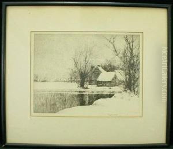 House With Pond In Winter Snow Oil Painting by Charles Jac Young