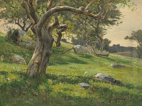 Trees And Wildflowers On A Hillside Oil Painting by Harvey Otis Young