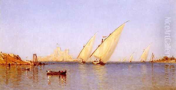 Fishing Boats Coming Into Brindisi Harbor Oil Painting by Sanford Robinson Gifford