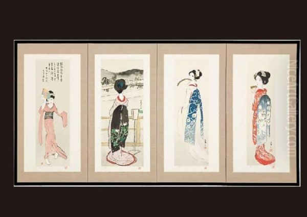 Folding Screen Oil Painting by Takehisa Yumeji