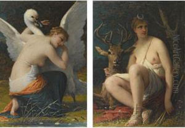 Leda And The Swan, Diana With A Stag Oil Painting by Adolphe Yvon