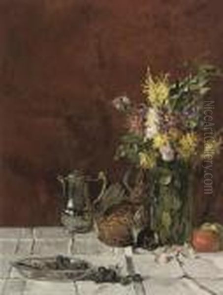 A Bowl Of Grapes, A Silver 
Coffee Pot, A Pheasant, A Vase Of Flowers And Apples On A Draped Table Oil Painting by Edmond Yvon