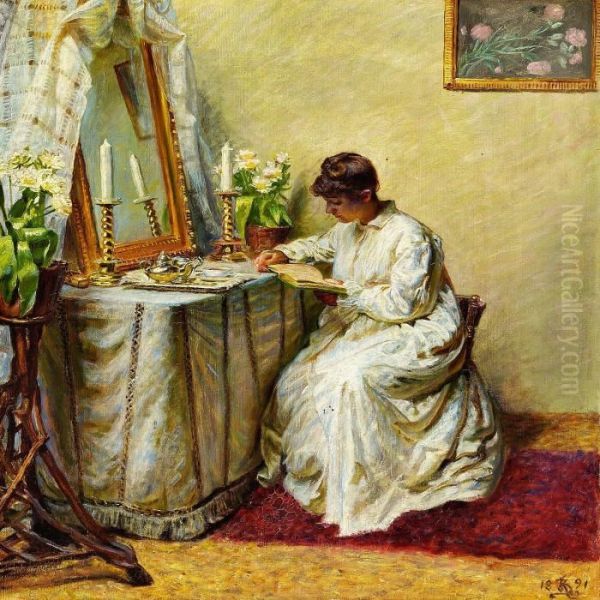 En L sende Ung Dame I Hvid Dragt Ved Sit Toiletbord Oil Painting by Kristian Zahrtmann