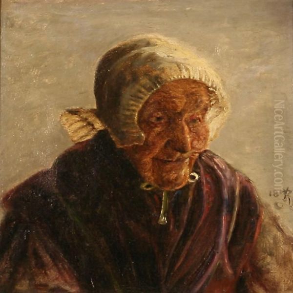 Hovede En Face Af En Gammel Kone Fra Ribe Med Pipekappe Ogviolet Torklaede Oil Painting by Kristian Zahrtmann