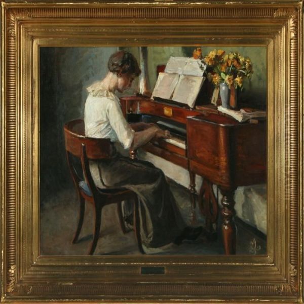 Interior With Awoman At The Piano Oil Painting by Kristian Zahrtmann