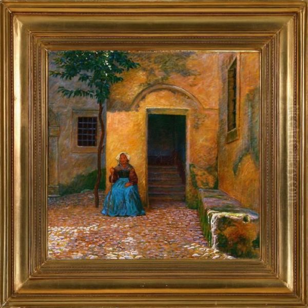 Old Woman In A Courtyard Oil Painting by Kristian Zahrtmann