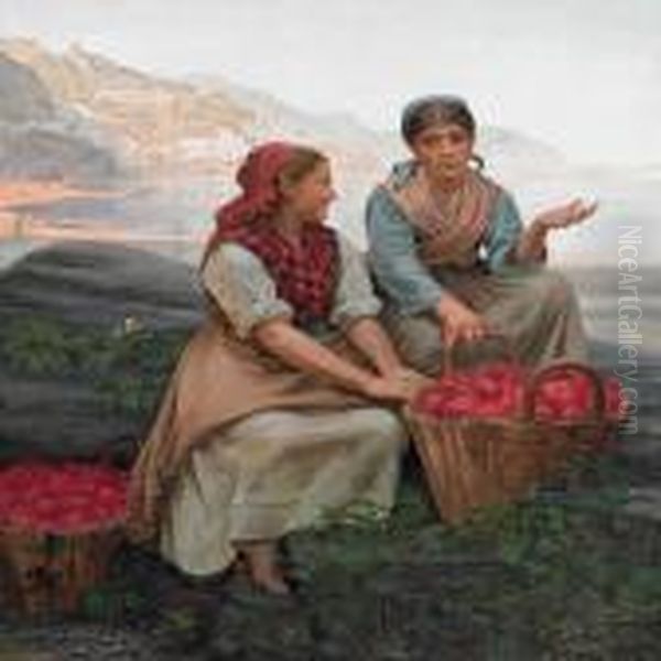 Two Girls Sellingfruit By The Amalfi Coast Oil Painting by Kristian Zahrtmann