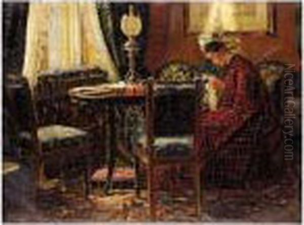 Lady Knitting In A Interior Oil Painting by Kristian Zahrtmann