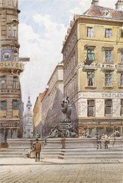 Derdonnerbrunnen Am Neuen Markt Oil Painting by Karl Wenzel Zajicek