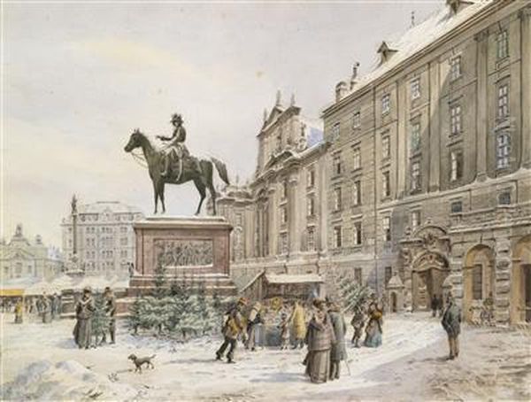 Der Platz Am Hofmit Dem Radetzkydenkmal Im Schnee Oil Painting by Karl Wenzel Zajicek