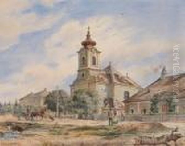 Kirche Und Hauser In Theresienfeld Oil Painting by Karl Wenzel Zajicek