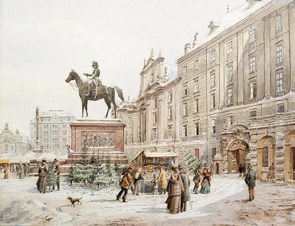 A Christmas Market In Am Hof Vienna Oil Painting by Karl Wenzel Zajicek