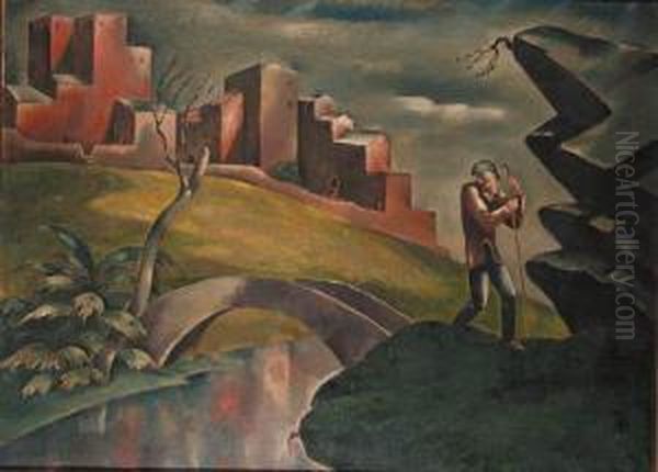 A Traveller In A Landscape Near A Bridge Oil Painting by Eugene Zak