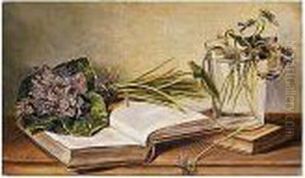 Ramillete De Lirios Sobre Libro Abierto Y Vaso Con Flores Oil Painting by Eduardo Zamacois y Zabala