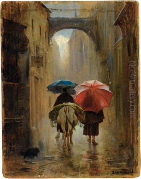 Pelerins De Dos Sous La Pluie Oil Painting by Eduardo Zamacois y Zabala