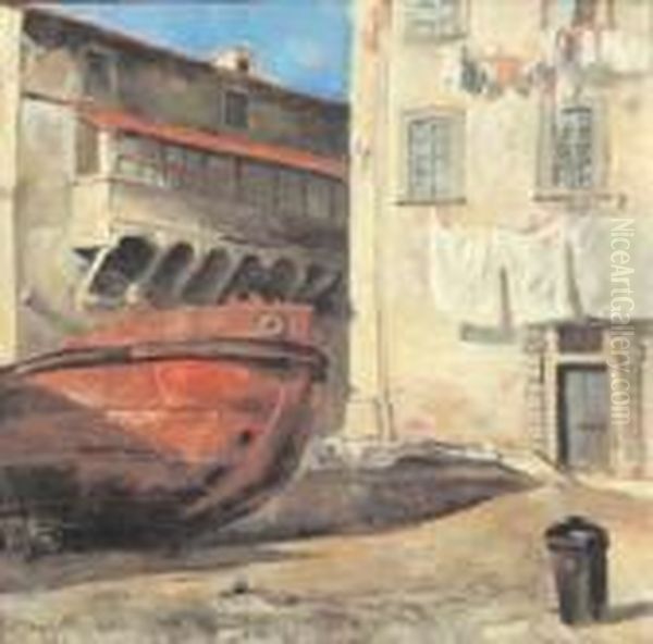 Barcone In Secca In Una Piazzetta Di Sestri Ponente Oil Painting by Attilio Zanchelli