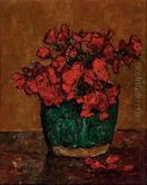 A Still Life With Red Flowers In A Green Vase Oil Painting by Jan Adam Zandleven