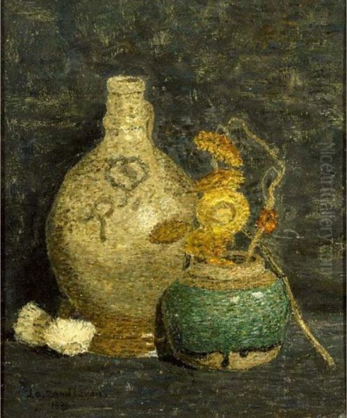 A Still Life With Flowers In A Gingerjar Oil Painting by Jan Adam Zandleven