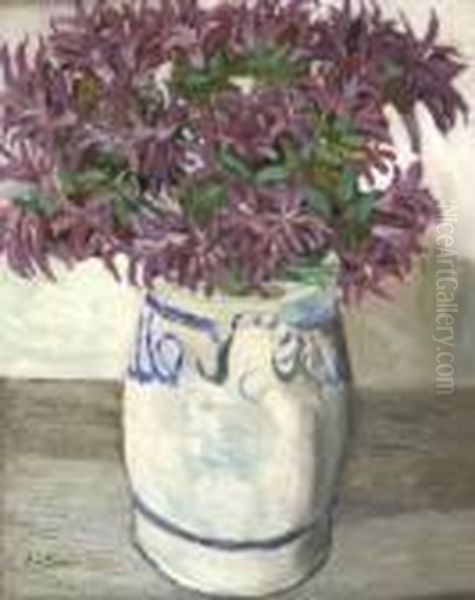 Bouquet Of Purple Flowers In Blue And White Vase Oil Painting by Jan Adam Zandleven