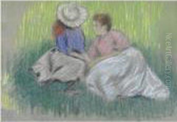 Sull'erba (femme Et Fillette Assieses Sur L'herbe) Oil Painting by Federigo Zandomeneghi