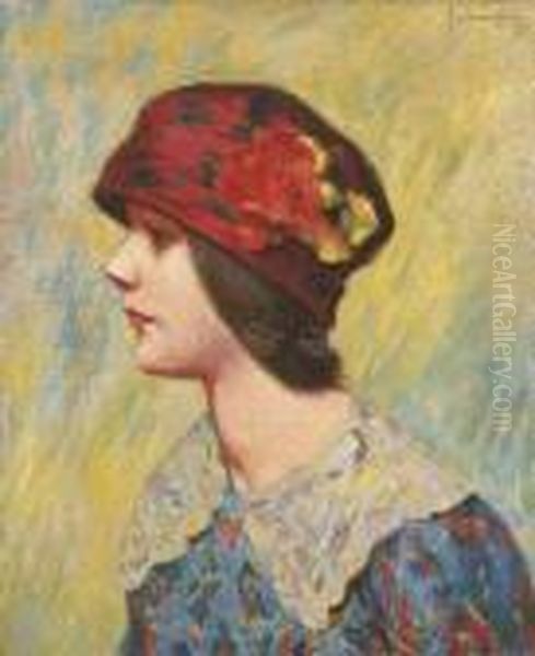 Profile De Jeune Fille En Buste Chapeau Rouge Garni De Fleurs Oil Painting by Federigo Zandomeneghi