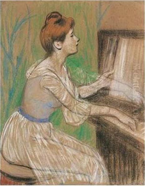 Al Pianoforte (at The Piano) Oil Painting by Federigo Zandomeneghi