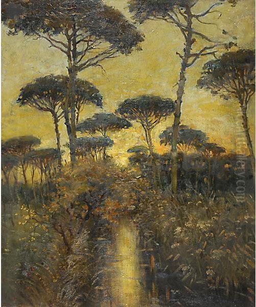 Pineta Di Ravenna Al Tramonto Oil Painting by Vittore Zanetti Zilla