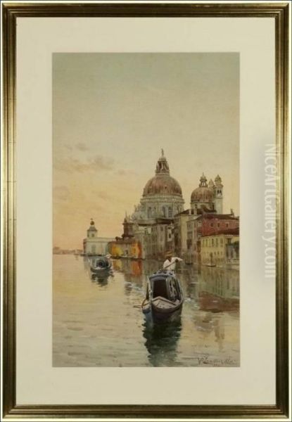 View Of Piazza San Marco - Two Gondolas At Sunset Oil Painting by Vittore Zanetti Zilla