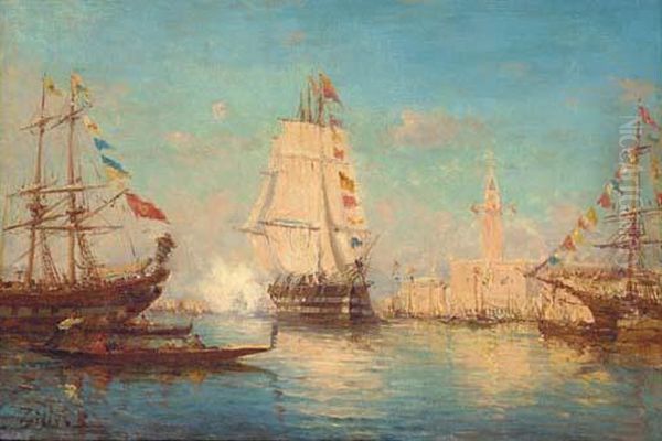 A Venetian Regatta Oil Painting by Vittore Zanetti Zilla