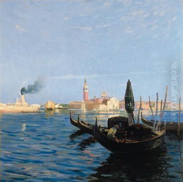 Venezia, Gondole A San Giorgio Oil Painting by Vittore Zanetti Zilla